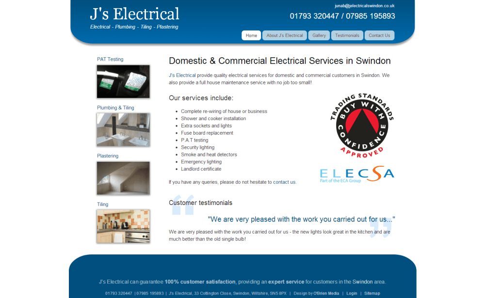 New website for J’s Electrical, Swindon