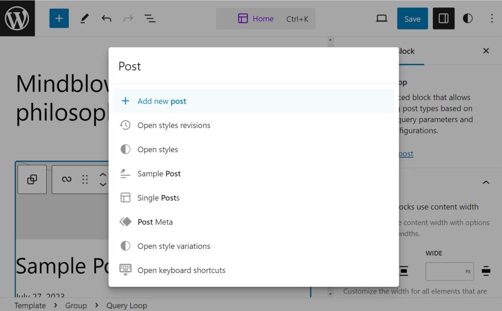 WordPress 6.3 "Lionel" interface showing the new post menu with options for adding a post, opening styles revisions, and managing post meta.