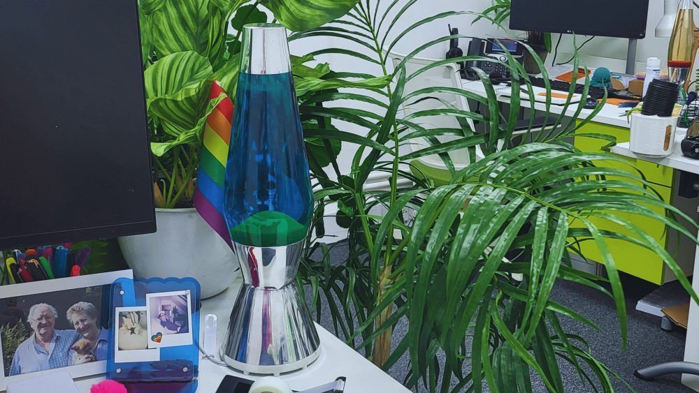 A Lava Lamp surrounded by green plants sitting on a white desk in a modern office belonging to O'Brien Media