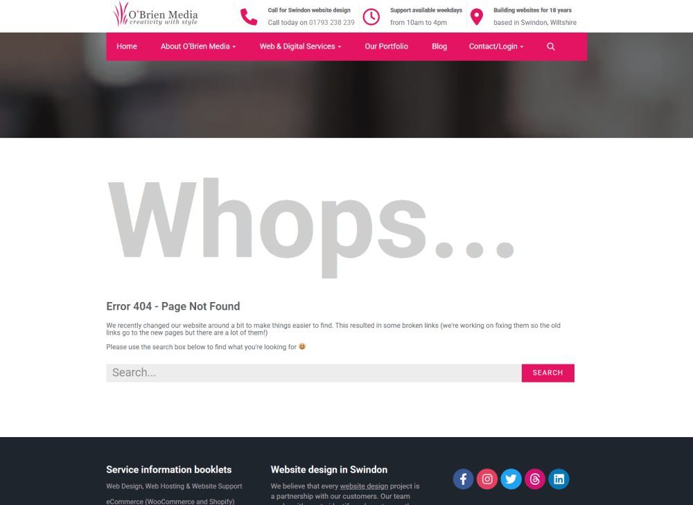 An example of an error 404 page, taken from our website
