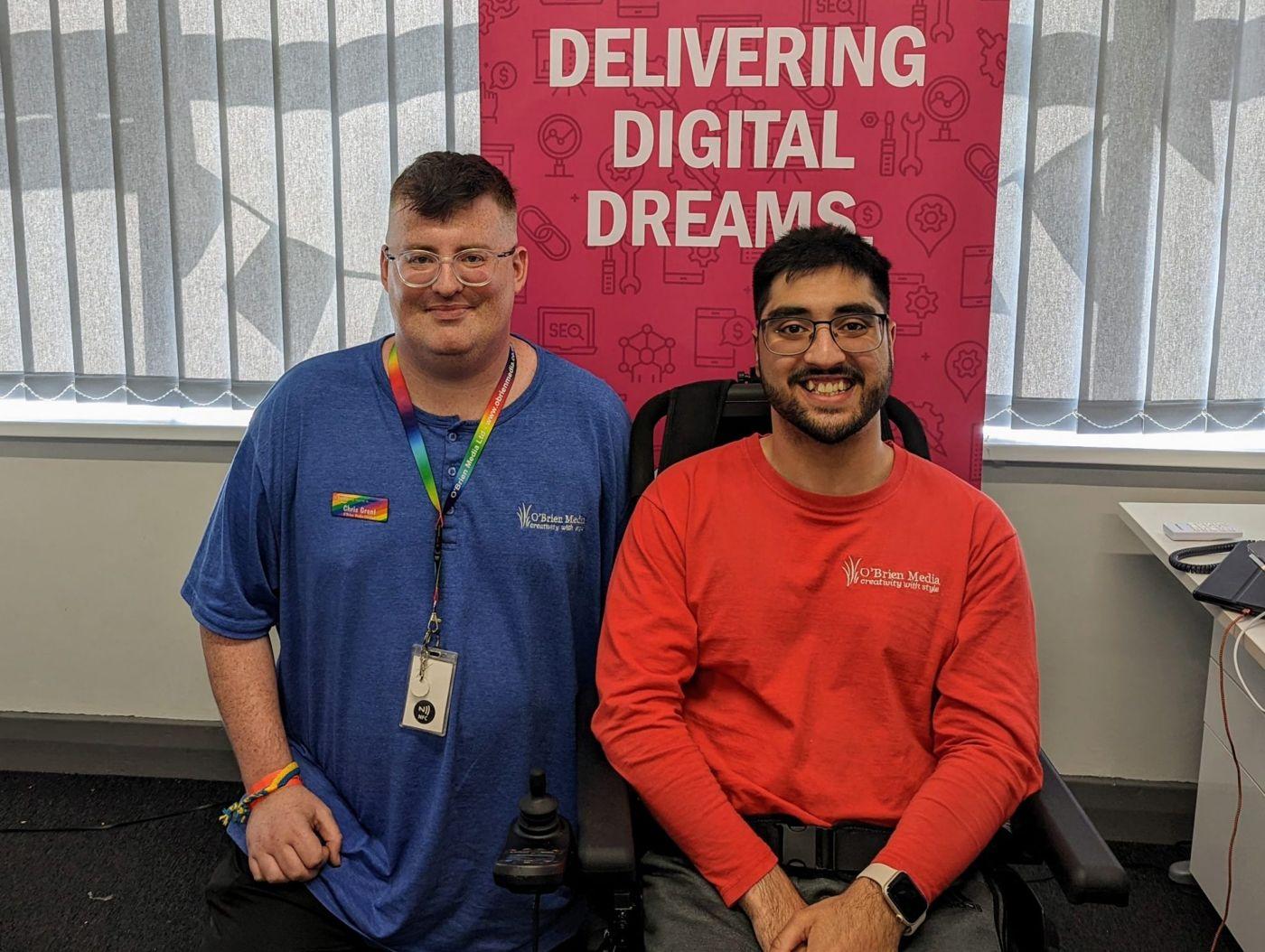 Chris Grant and Camilo Pires, our Inclusion Officer, in the O’Brien Media office with a link to Inclusion Policy