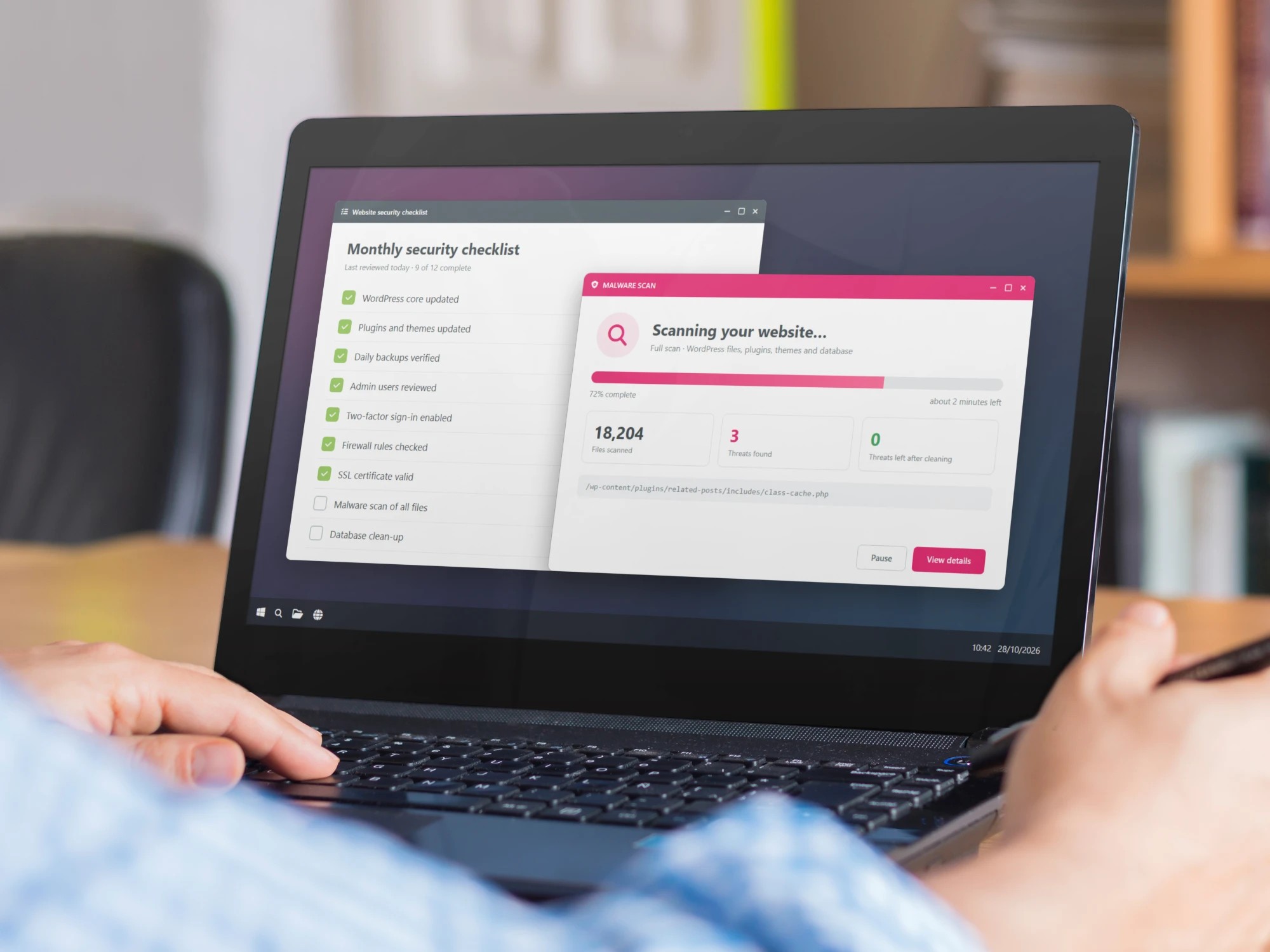 Someone typing on a laptop showing a security checklist partly covered by a malware scan window