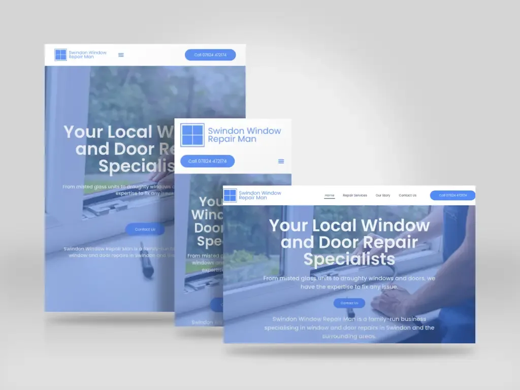 Responsive mockup showing the Swindon Window Repair Man website on desktop, tablet and mobile