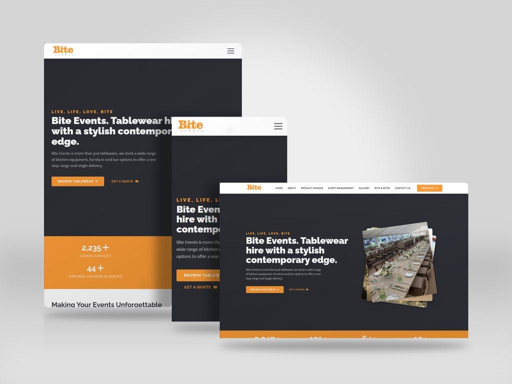 Responsive mockup showing the Bite Events website on tablet, mobile and desktop