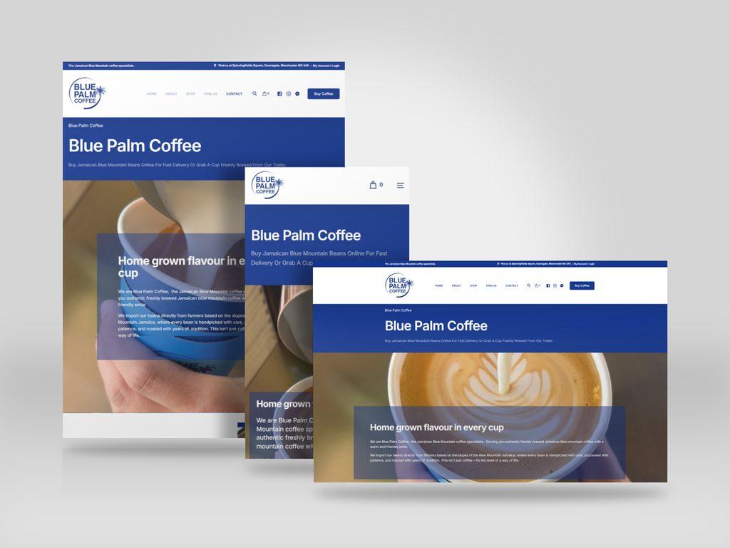 Responsive mockup showing the Blue Palm Coffee website on desktop, tablet and mobile