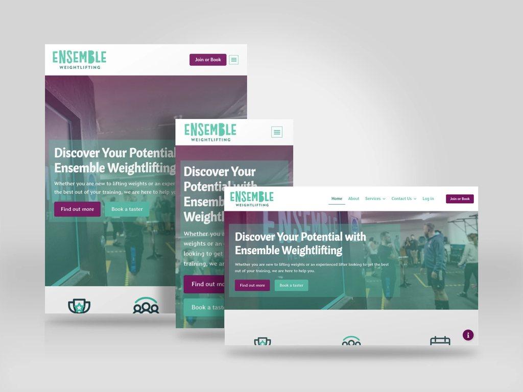 Responsive mockup showing the Ensemble Weightlifting website on tablet, mobile and desktop