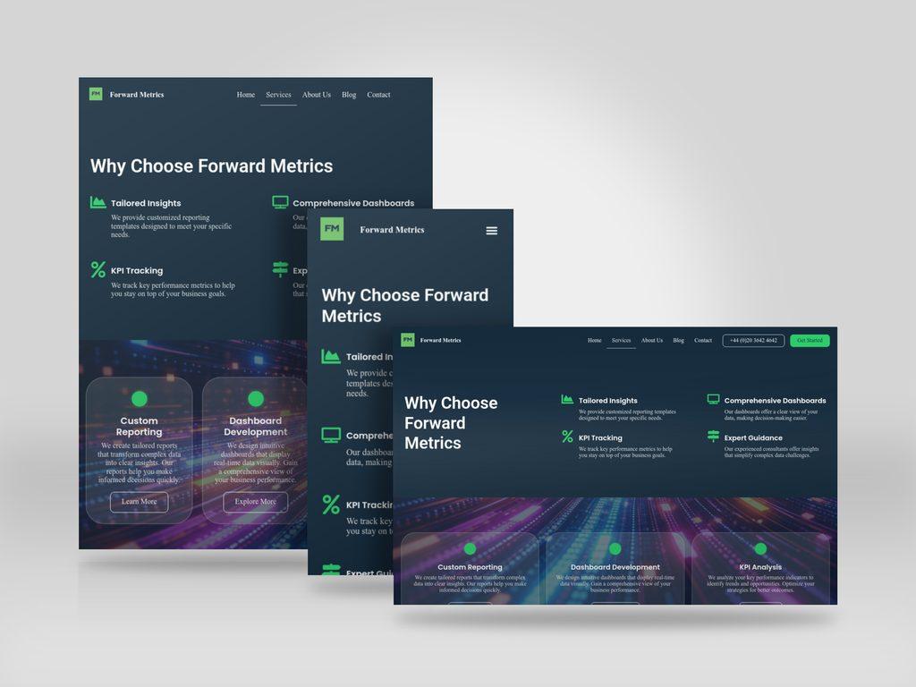 Responsive mockup showing the Forward Metrics website on desktop, tablet and mobile