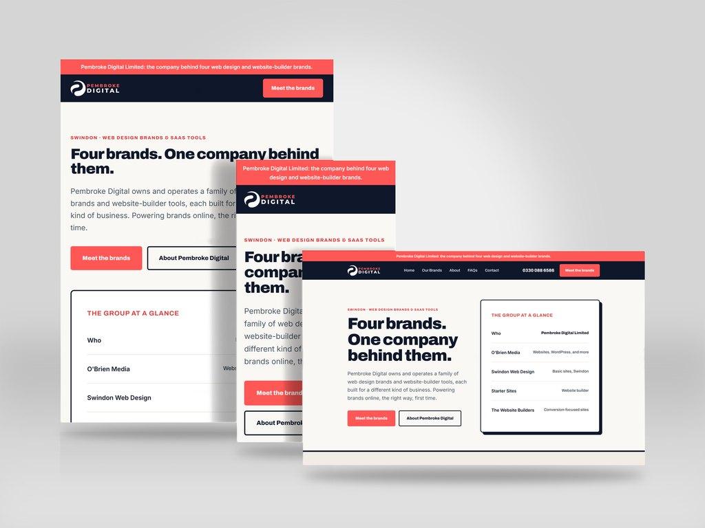 Responsive mockup showing the Pembroke Digital website on tablet, mobile and desktop