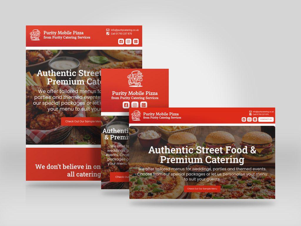 Responsive mockup showing the Purity Mobile Pizza website on desktop, tablet and mobile