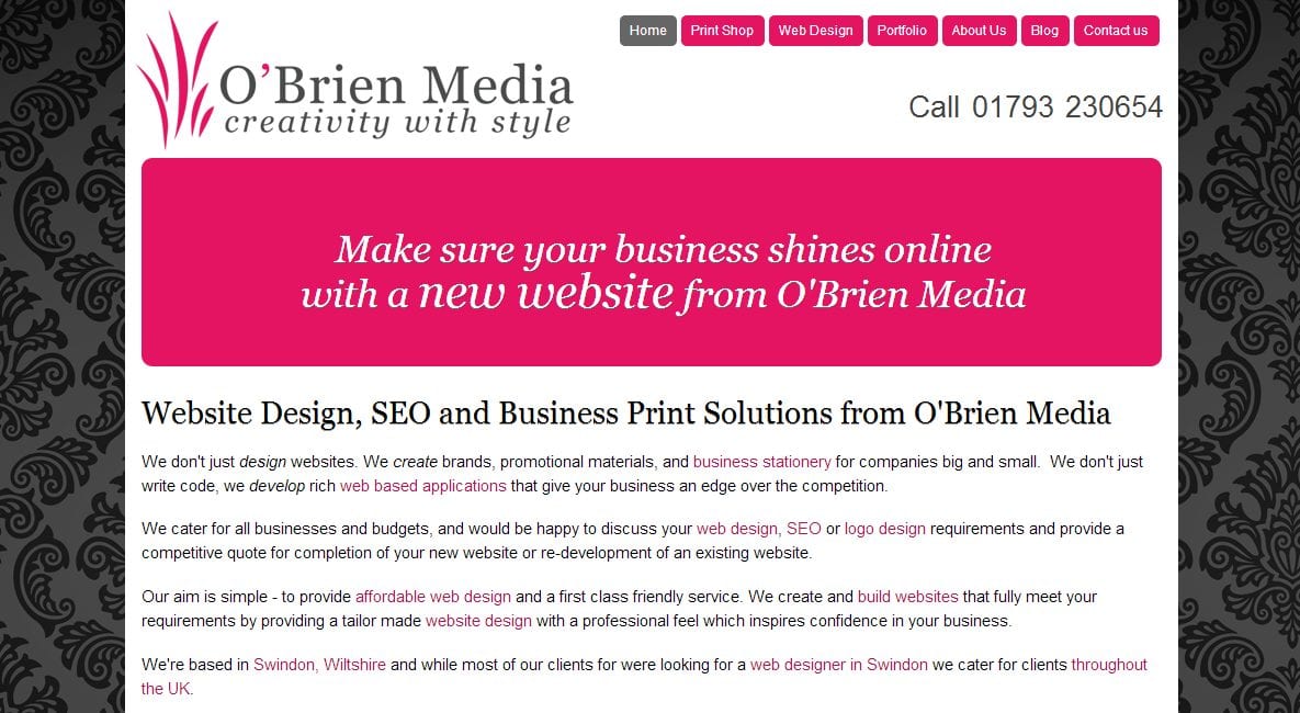 Obrien Media services displaying on a website