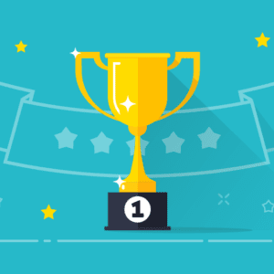 a yellow award on top of a number one with a light blue background