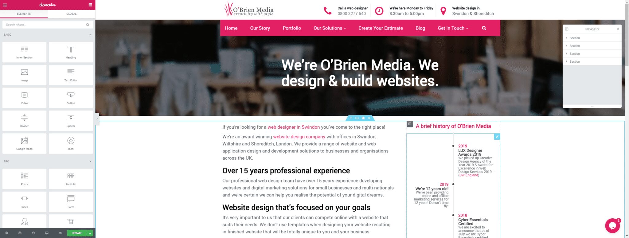 OBrien Media page with elementor menu