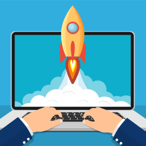 a rocket climbing on a laptop wit a light blue background