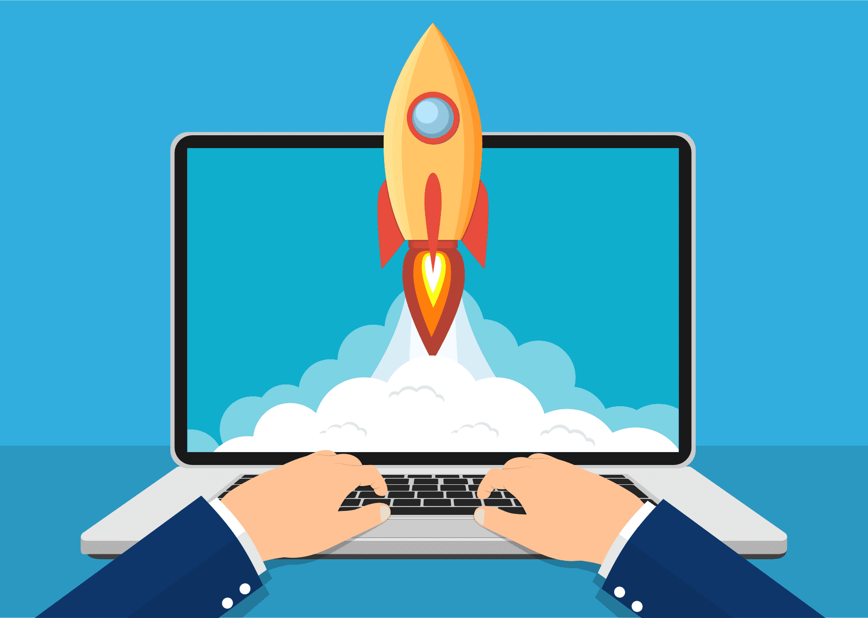 a rocket climbing on a laptop wit a light blue background