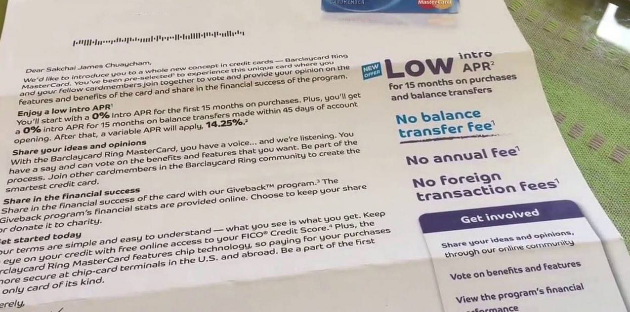 Credit card letter from a bank