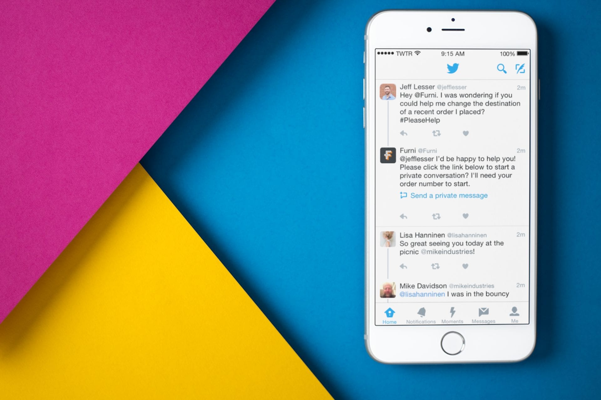 twitter account on a mobile with blue, yellow and pink background