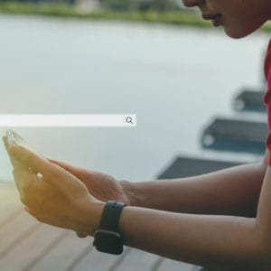 search concept, woman try to search a news