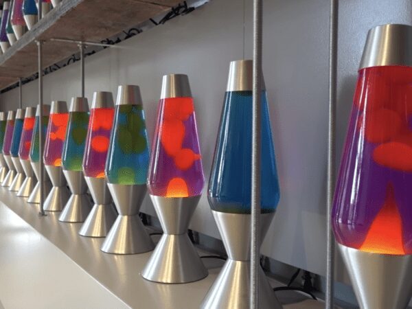 lamps with different colours on a shelves