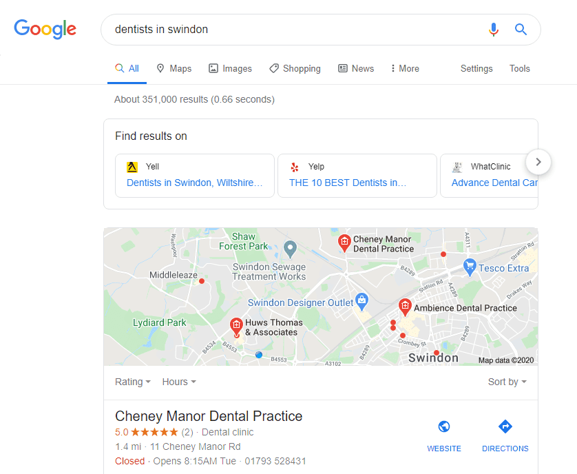 Google SERP showing links to other information providers in local search