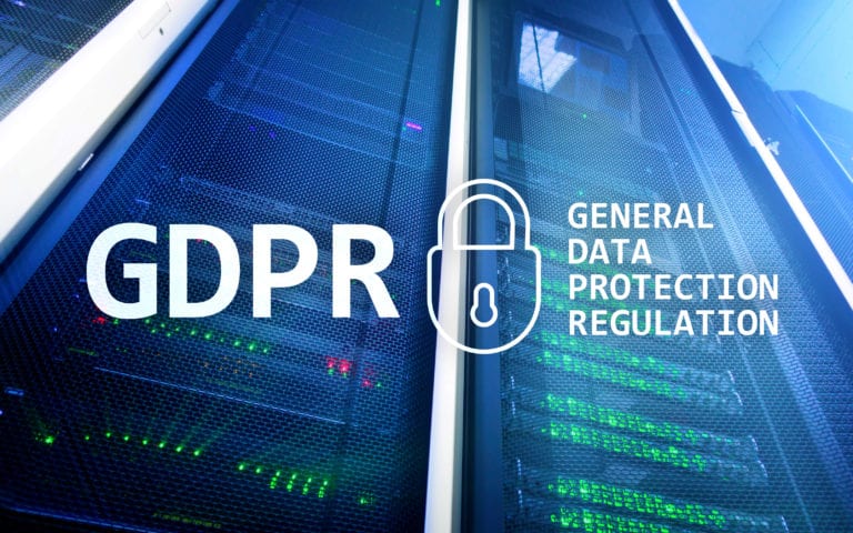 GDPR, General data protection regulation compliance logo. Server room background.