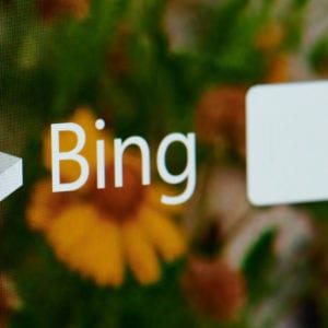 Bing search home page on laptop screen close up