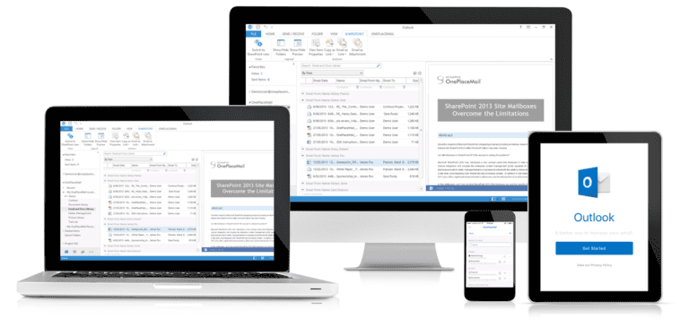 A desktop, a laptop,a tablet and a mobile devices showing an outlook view