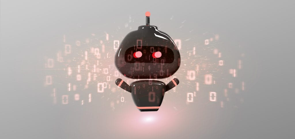 Stylised cartoon bot surrounded by binary code representing spam bot activity