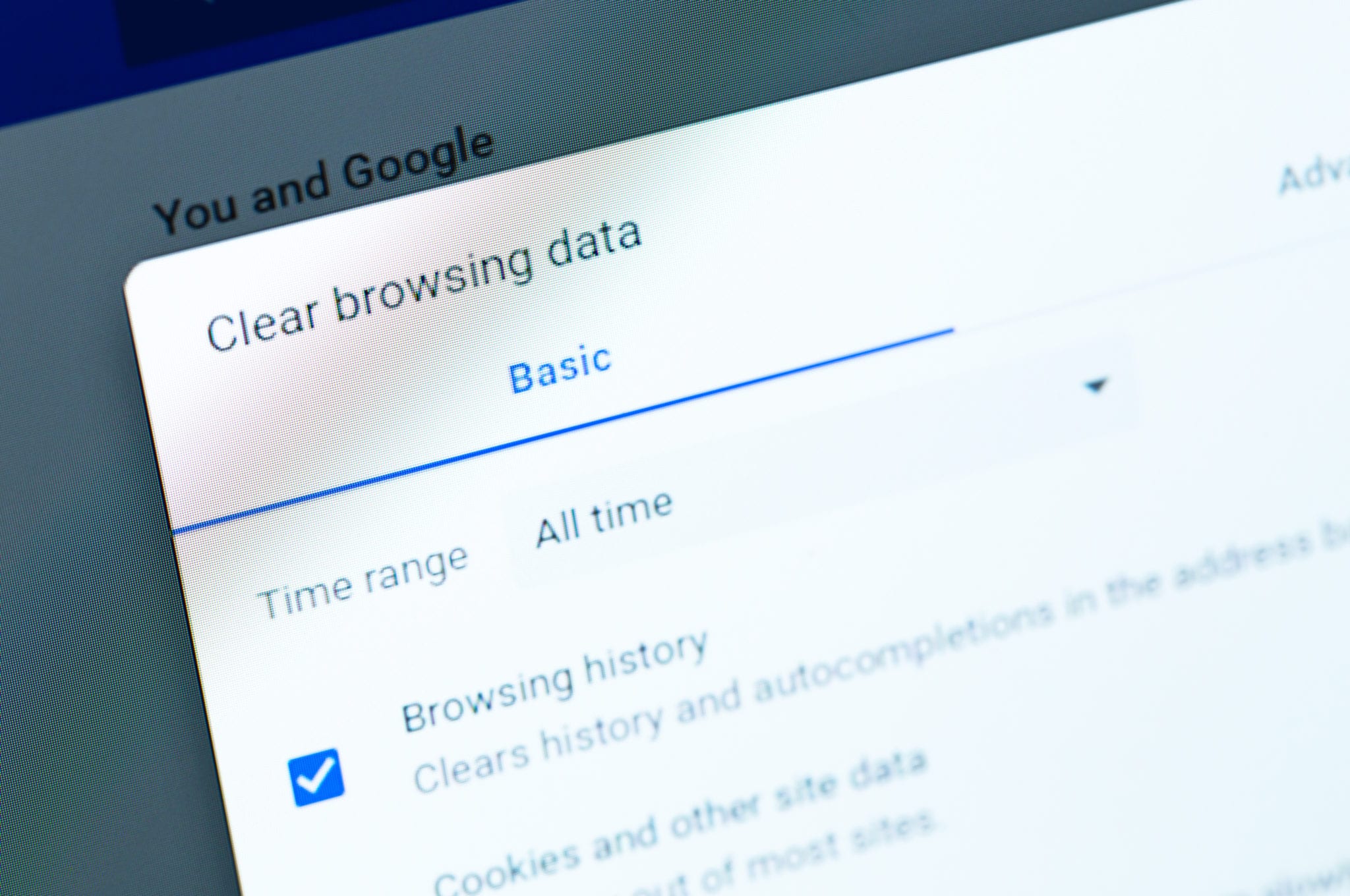 laptop with Google Chrome browser remove history, cookies, other browsing data