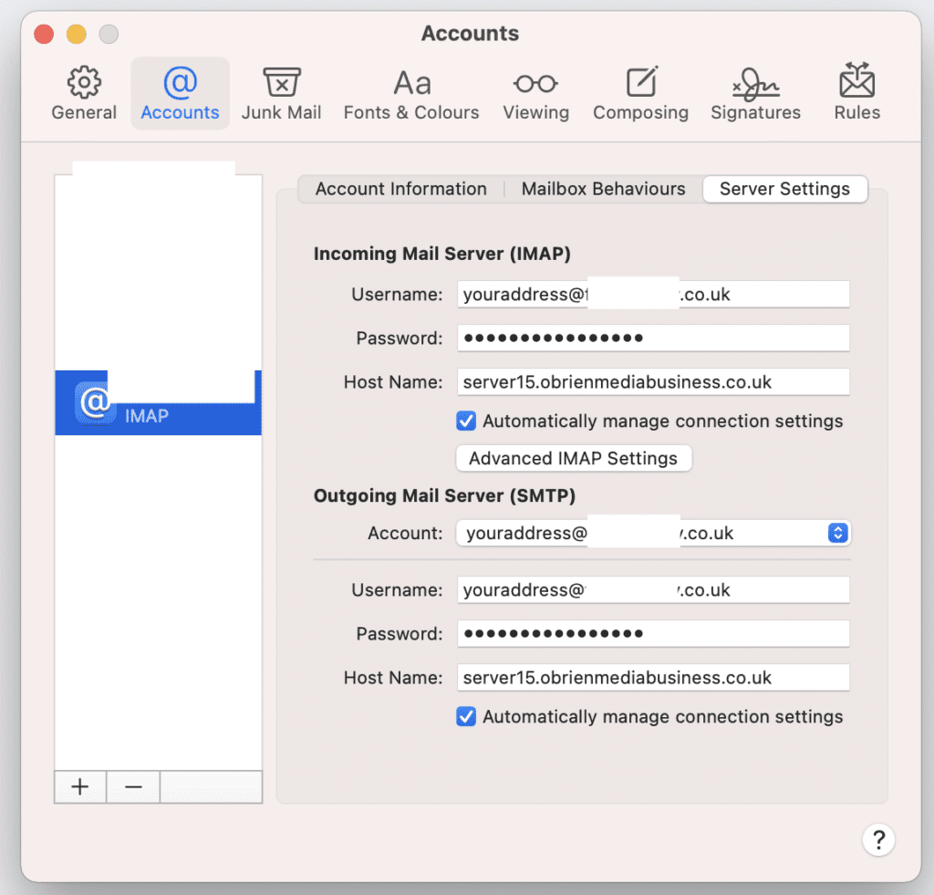Account's settings options