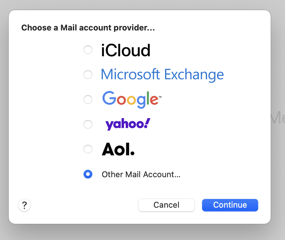 choose mail account provider options