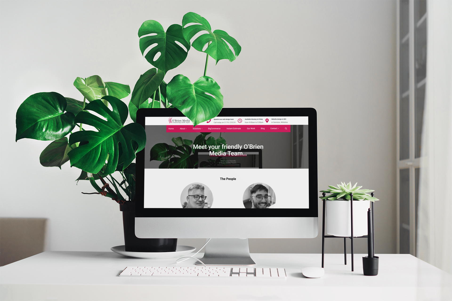Computer with OBM website in a white office with a green plant
