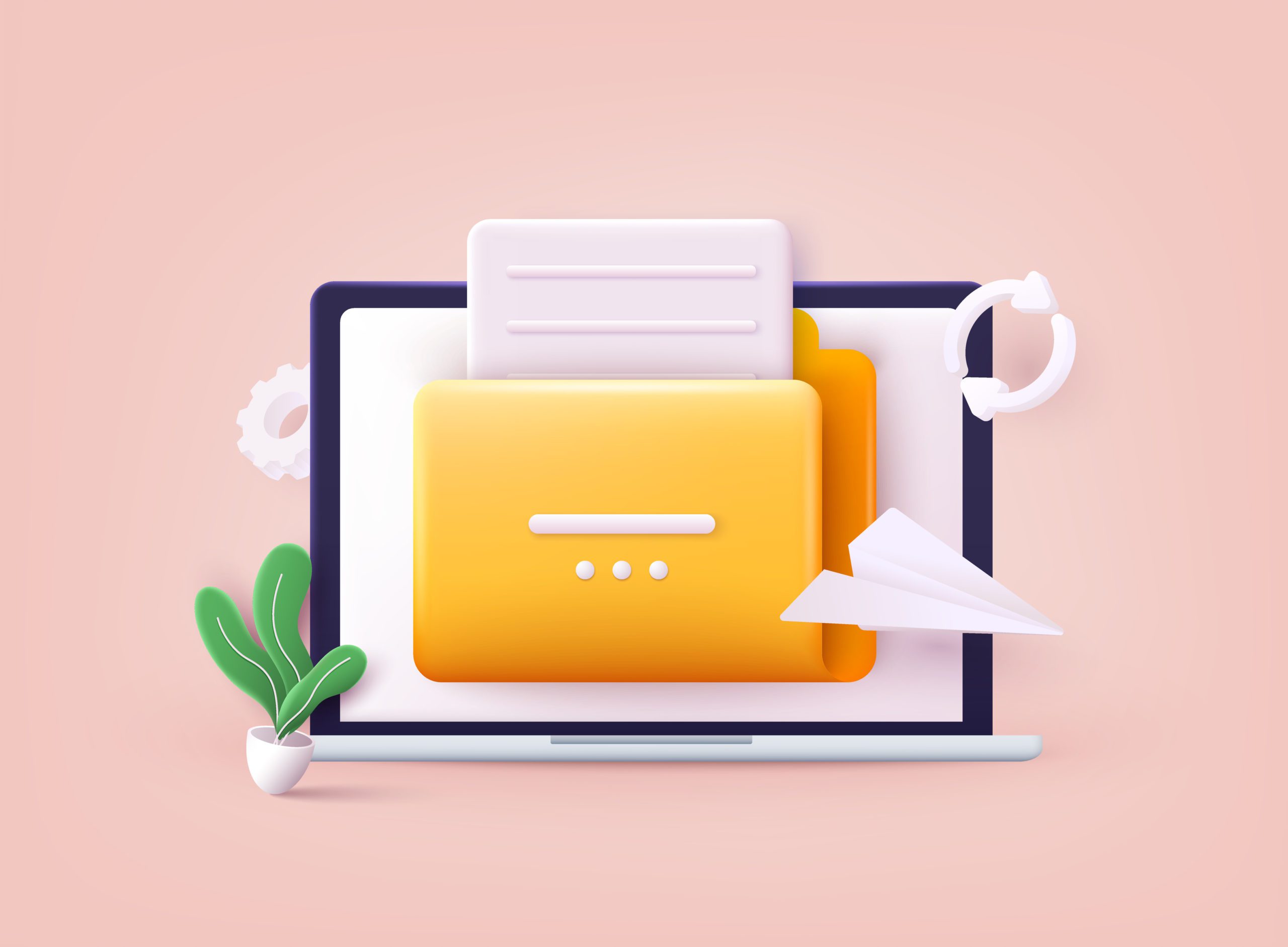 Yellow folder with files. File transfer concept.