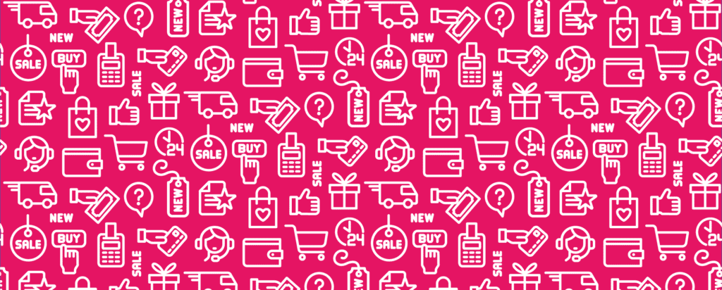 Repeating white ecommerce and marketing icons on a bright pink background, symbolising the digital customer journey.
