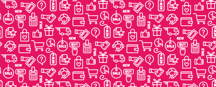 Repeating white ecommerce and marketing icons on a bright pink background, symbolising the digital customer journey.