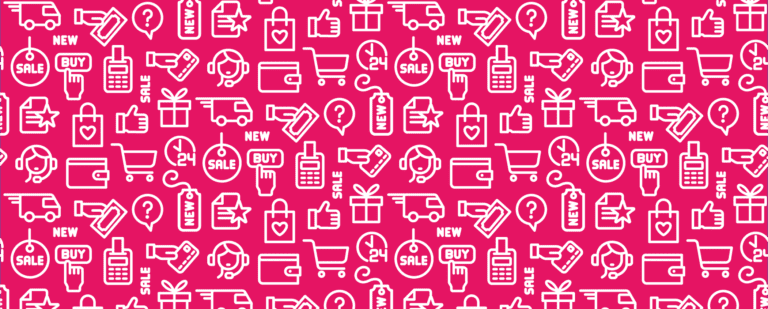 Repeating white ecommerce and marketing icons on a bright pink background, symbolising the digital customer journey.