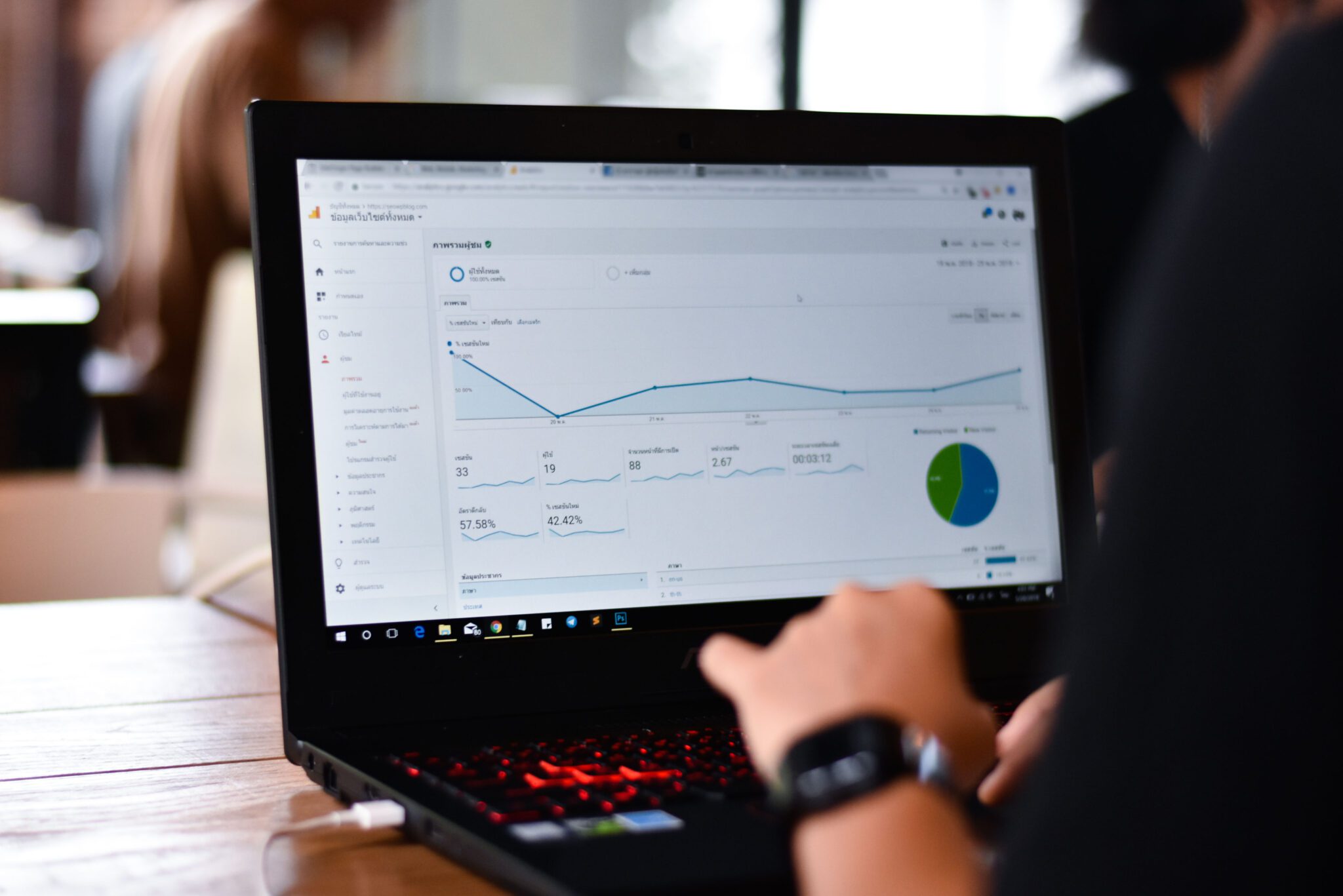 Person using laptop displaying SEO analytics dashboard with graphs and charts