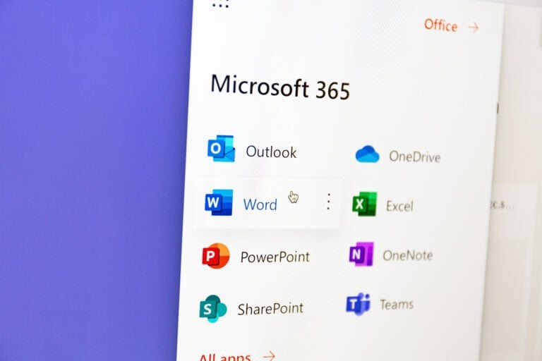 Microsoft 365 user interface showcasing essential apps like Word, Excel, Outlook, PowerPoint, SharePoint, and Teams as part of the new commerce experience.