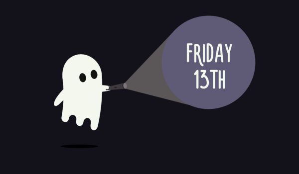 Cute ghost with his flashlight pointing towards Friday 13th. Vector Background illustration for friday 13 supersticion day