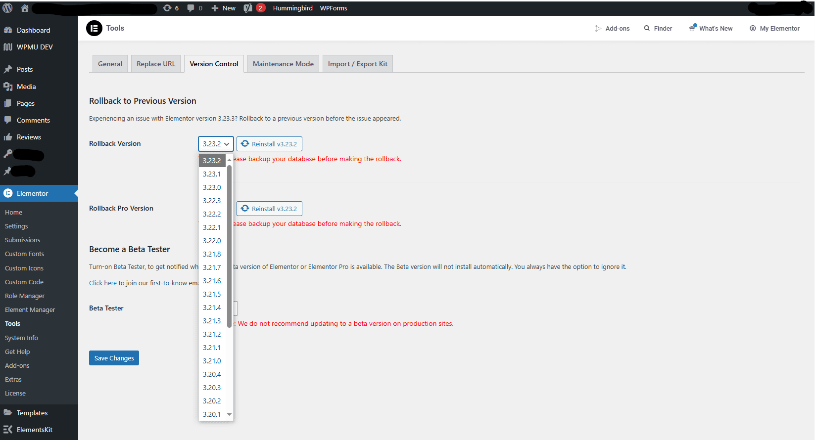 Rollback to Elementor 3.23.2