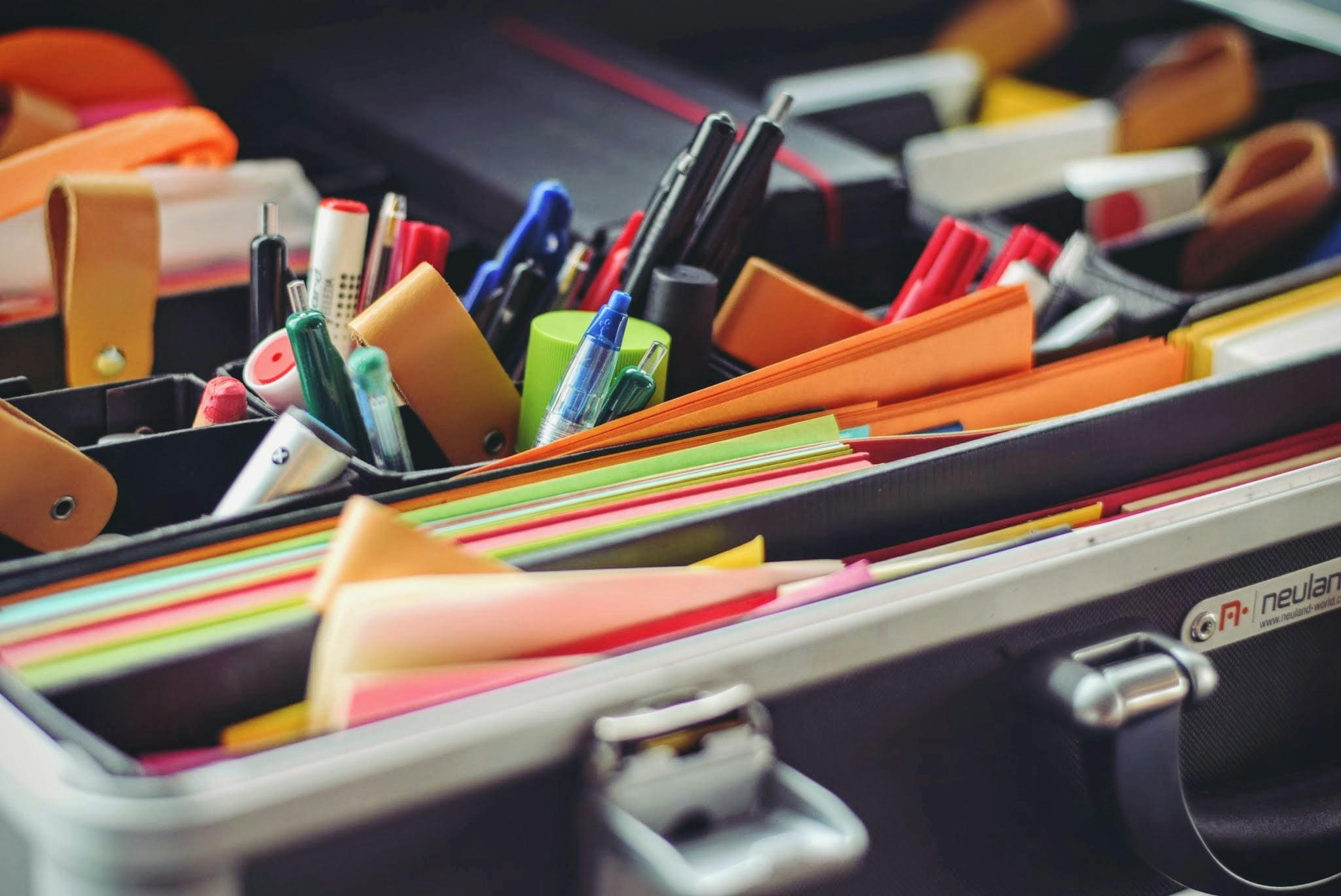 Office supplies collected together in a storage box