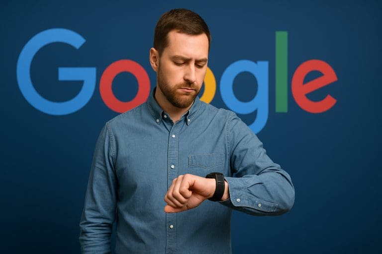 Man in front f Google logo