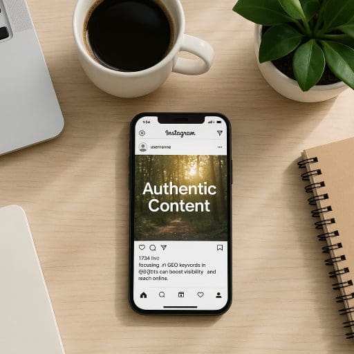 A clean and modern flat lay of a creative workspace featuring a smartphone displaying an Instagram post focused on authentic content without hashtags. Surrounded by a laptop, coffee cup, notebook, and a small potted plant, the setup is bathed in soft natural light, creating a fresh and professional vibe.