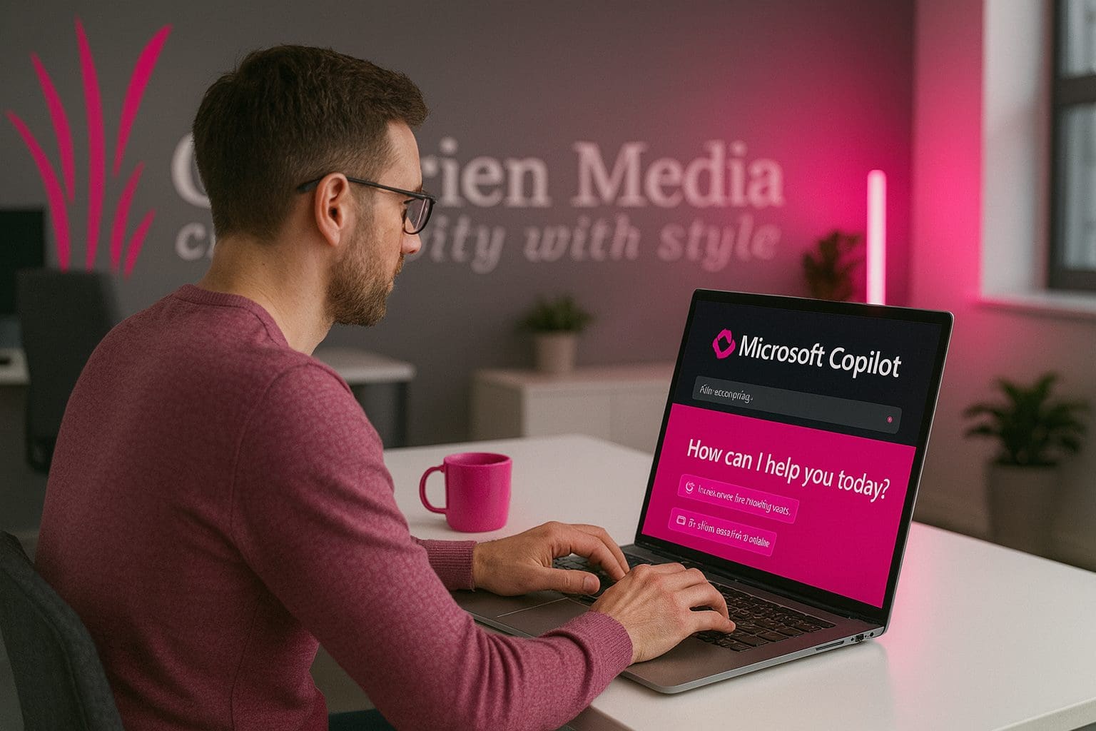Microsoft Copilot on laptop with the OBrien Media logo on the back wall